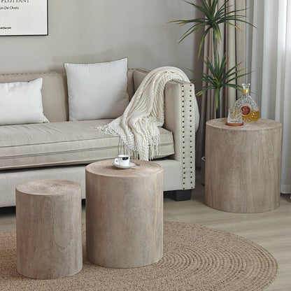 KEIKI Round Coffee Table Set of 3, Modern Wood Nesting Coffee Table with Tree Rings Texture for Living Room, Natural