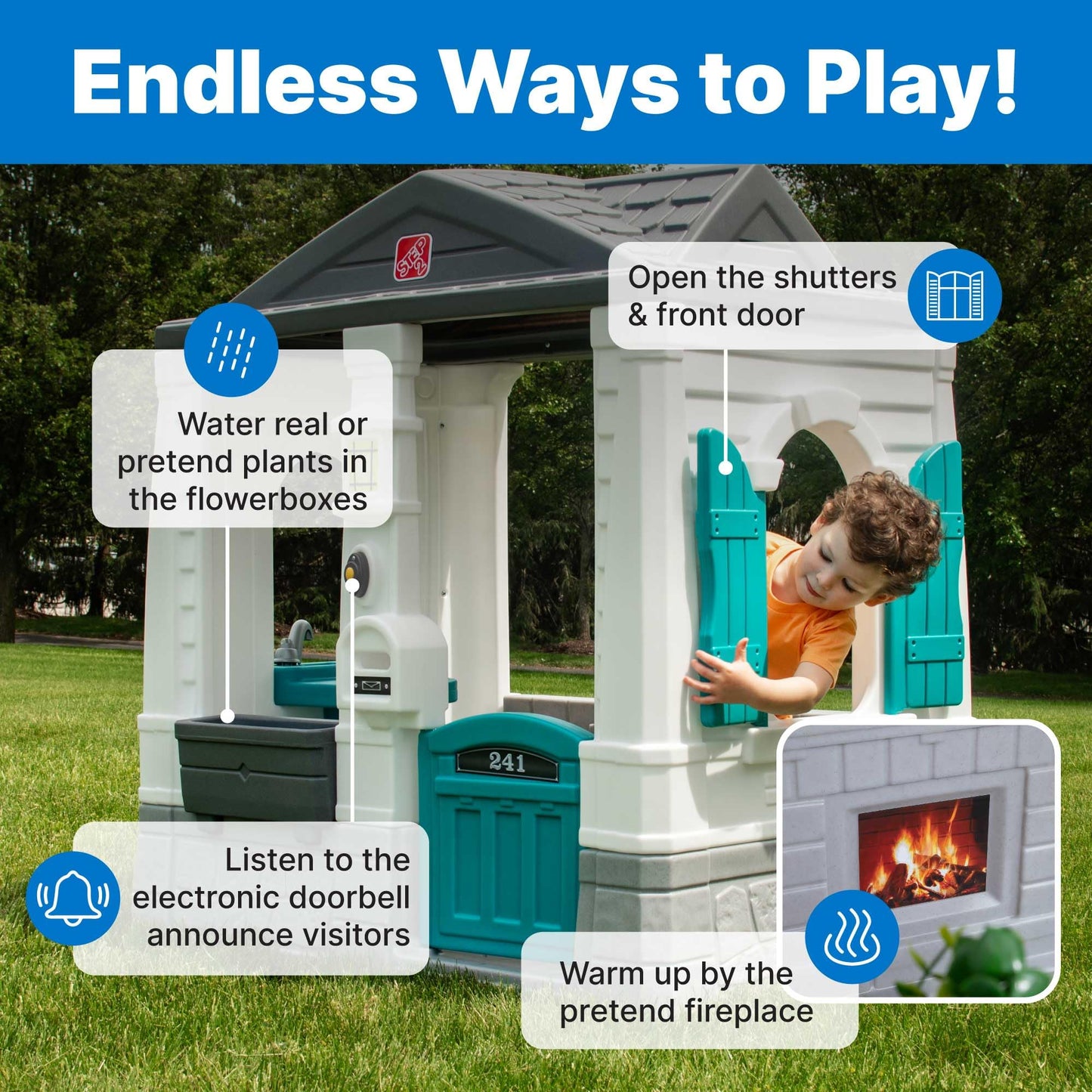Step2 Neat & Tidy Cottage Kids Playhouse, Indoor and Outdoor Playset, Interactive Sounds, Toddlers 1.5+ Years Old, Easy to Assemble, Grey