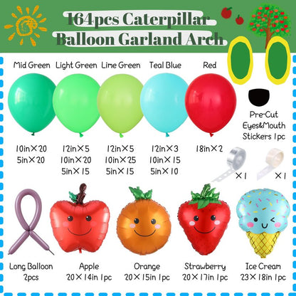 Hungry One Caterpillar Balloon Garland Kit, 164pcs Green Caterpillar Shaped Balloons with Fruit Foil Balloons for First Birthday Decorations Picture Book Story Theme Party Summer Baby Shower Supplies