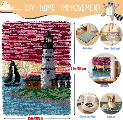 EMISTEM Latch Hook Kits for Adults - DIY Latch Hook Rug Kits, Crochet Kit for Beginners, Rug Making Kits with Printed Canvas, Gift Packaging.(Lighthouse and Sailboat, 20x15)