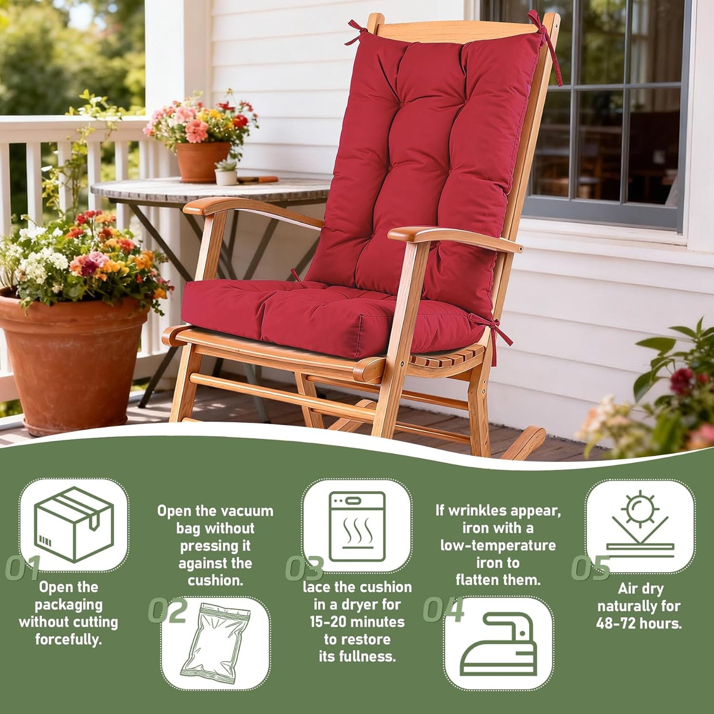 QemoraHome Set Rocking Chair Cushion Waterproof Weather Resistant Tufted with Ties, Non-Slip High Back Chair Pads