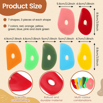 Sherr 21 Pcs Soft Ribs for Pottery Clay Silicone Rib Ceramics Tools Pottery Rubber Clay Ceramic Ribs for Adult DIY Smooths Shapes Sculpting Tools, 7 Styles(Bright Color,Classic Style)