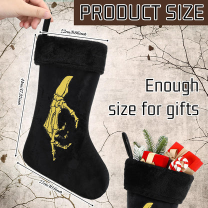 Croknit 2 Pcs Gothic Christmas Stocking Black Velvet Stocking Goth Xmas Skeleton Hand Embroidered Stockings Hanging Ornaments Santa Candy Gift Bags for Christmas Home Decorations(Gold)