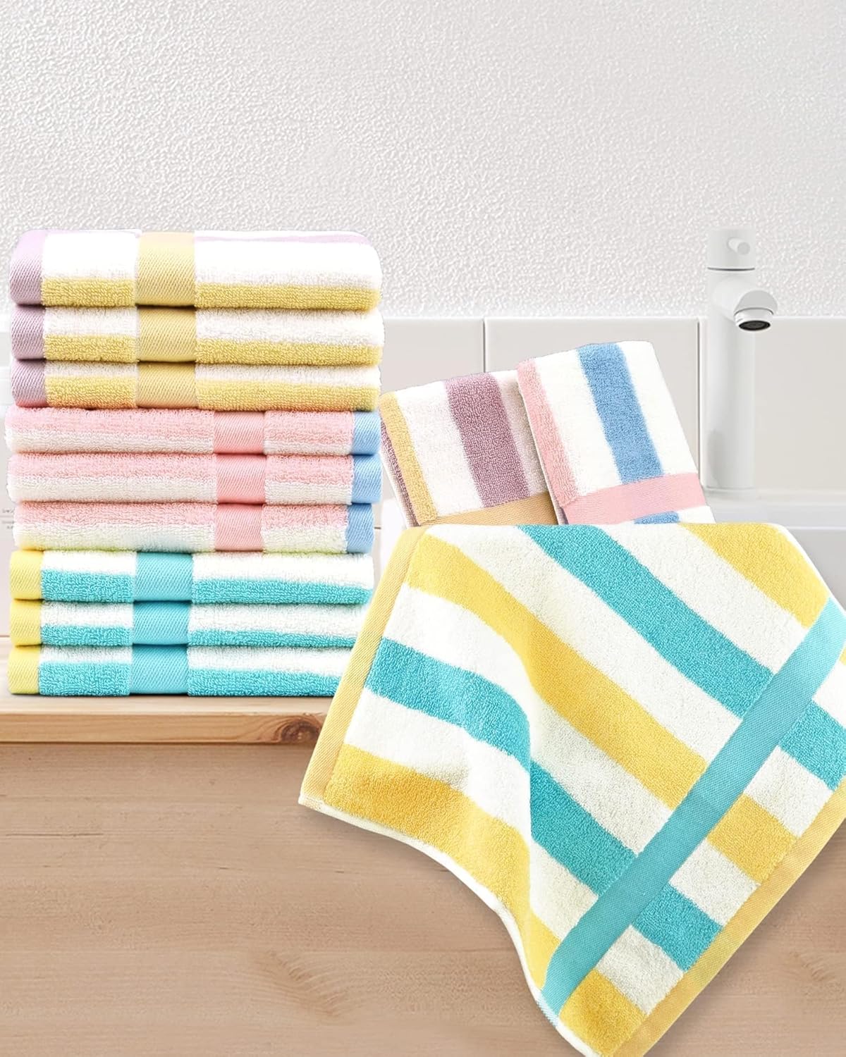 12 Pack 13 13 Inches, 3 Jacquotha Cotton Striped Washcloths, x Colors - Face and Body Cleansing Towels