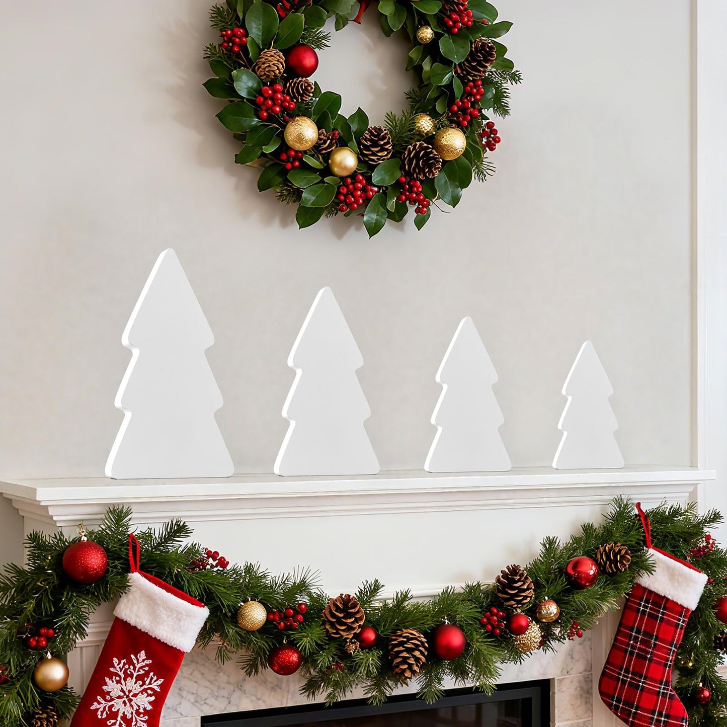 APUDWN 4Pcs Wooden Christmas Tree for Crafts White Unfinished Wood Xmas Tree Table Signs to Paint Blank Christmas Freestanding Block Cutouts for Tiered Tray Home Kitchen Office Shelf Living Room Decor