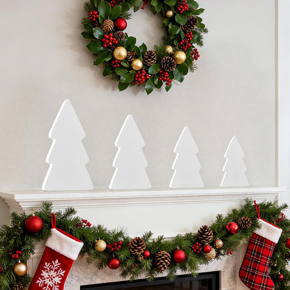 APUDWN 4Pcs Wooden Christmas Tree for Crafts White Unfinished Wood Xmas Tree Table Signs to Paint Blank Christmas Freestanding Block Cutouts for Tiered Tray Home Kitchen Office Shelf Living Room Decor