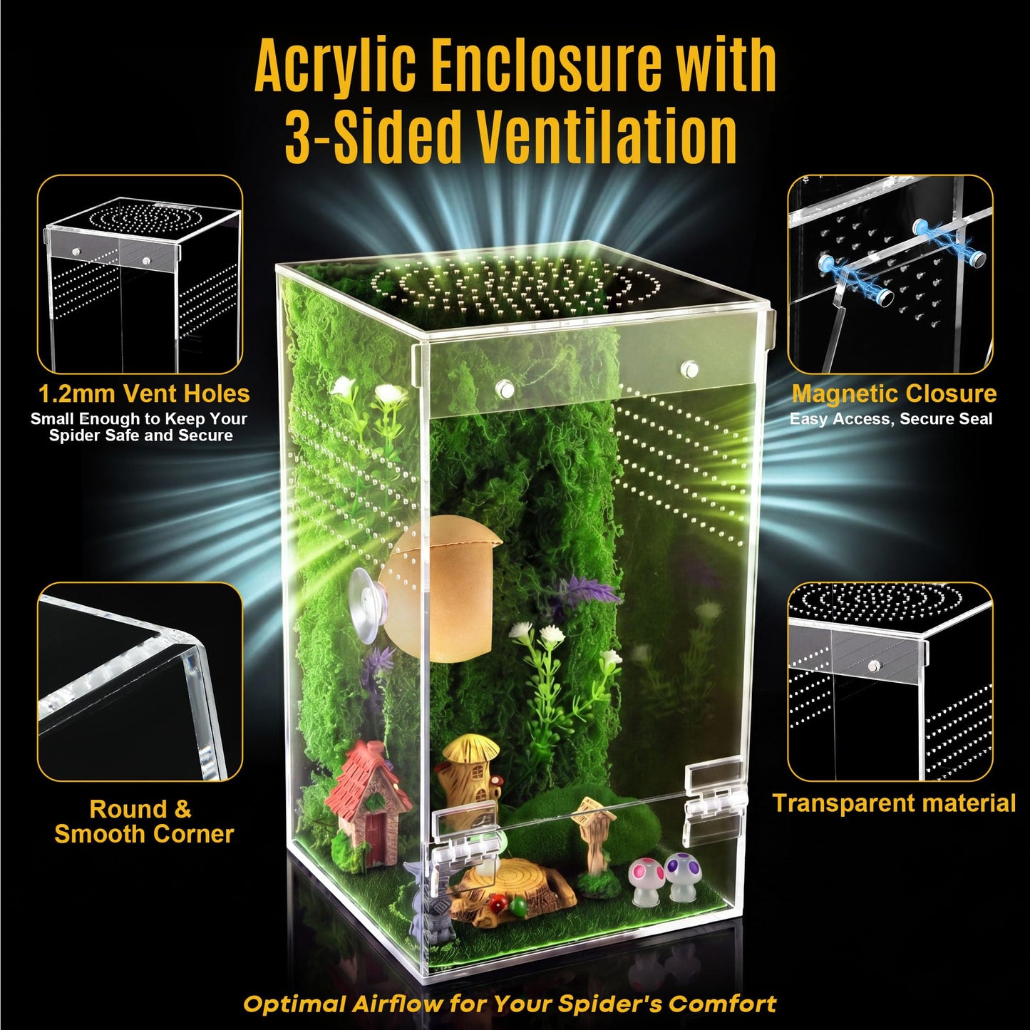 Feekoon Jumping Spider Enclosure Kit, Acrylic Insect Terrarium, Transparent Bug Habitat for Praying Mantis & Small Arboreal Species, Complete Starter Tank with Ventilation
