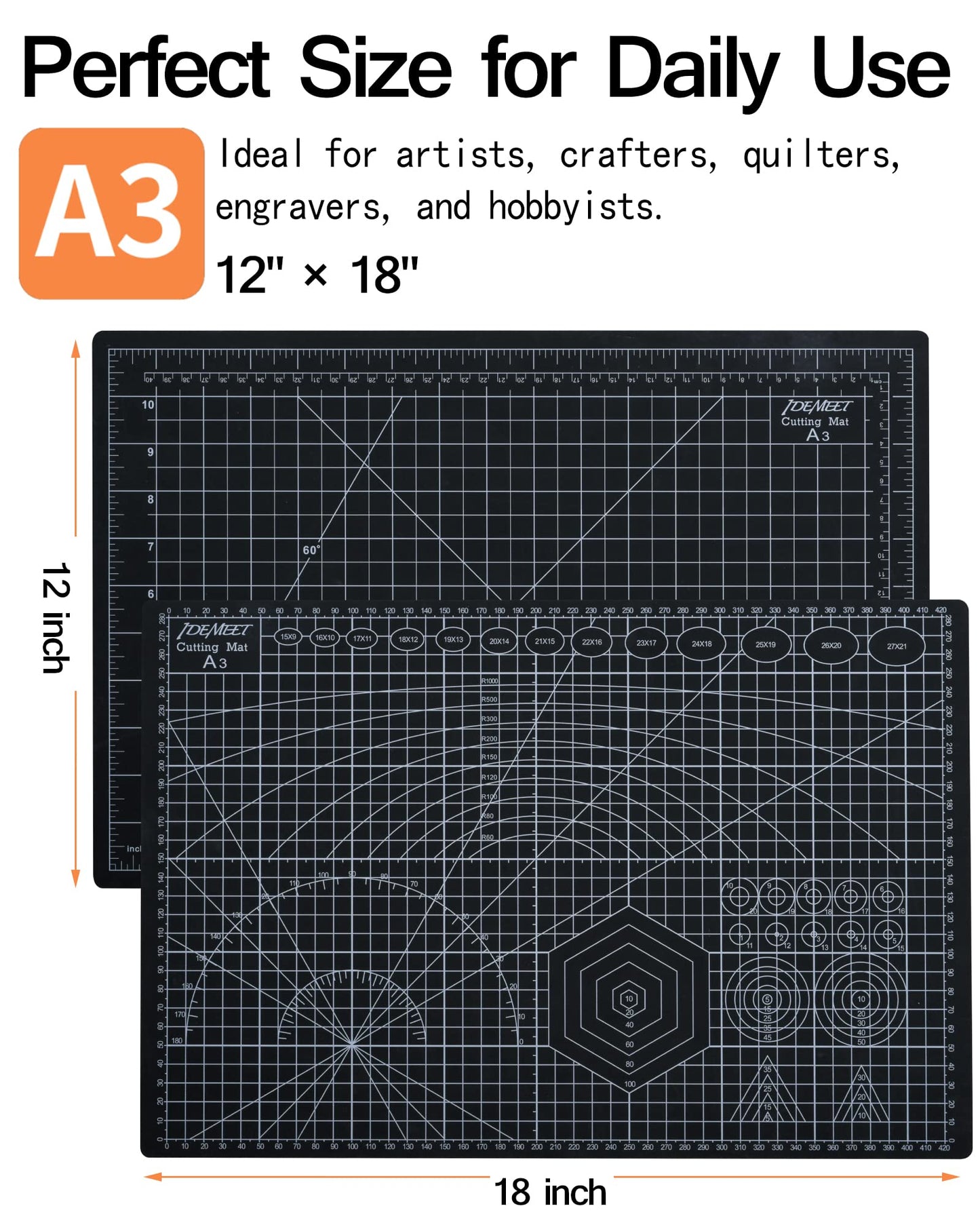 Density-upgraded 18"x12" Self Healing Cutting Mat, Idemeet Rotary Sewing Mat for Crafts, 5-Ply Blade Table Protector Cut Board for Fabric Leather Cutting Quilting Modeling Hobby Project, A3, Black