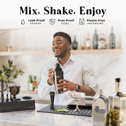 BARE BARREL® Mixology Bartender Kit Bar Set | 14-Piece Cocktail Shaker Set | Martini Barware Mixing Tools for Home Bartending | Incl. 35 Recipe Cards | Gift Set (24oz Cobbler Shaker, Jet Black/Black)