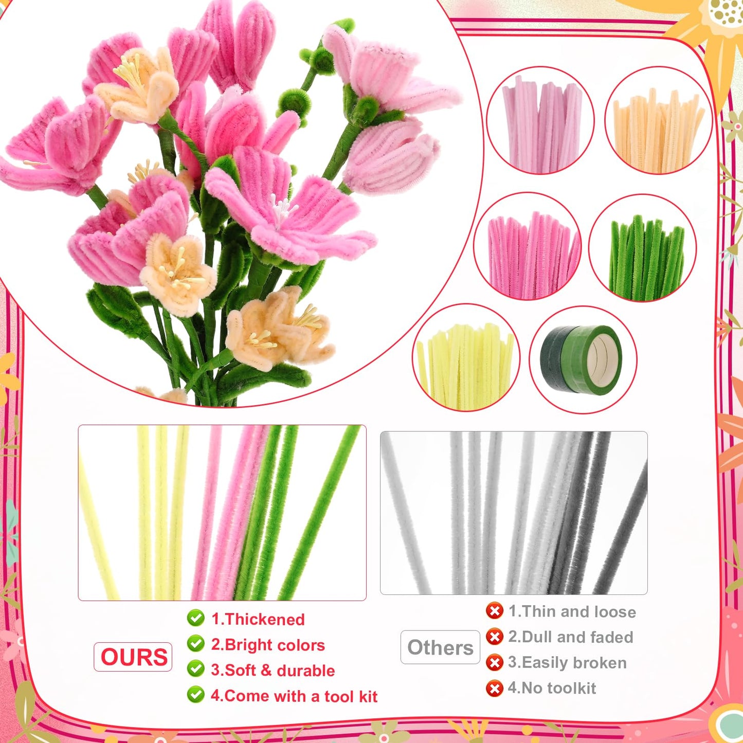 Ovveroche 1000 PCS Pipe Cleaners Craft, Pipe Cleaner Bulk Flower Kit with Handle, 7 Colors Chenille Stems Flower Making Kit with Floral Wires, Gardening Tape, Stamen, Ribbon for Art Craft Supplies