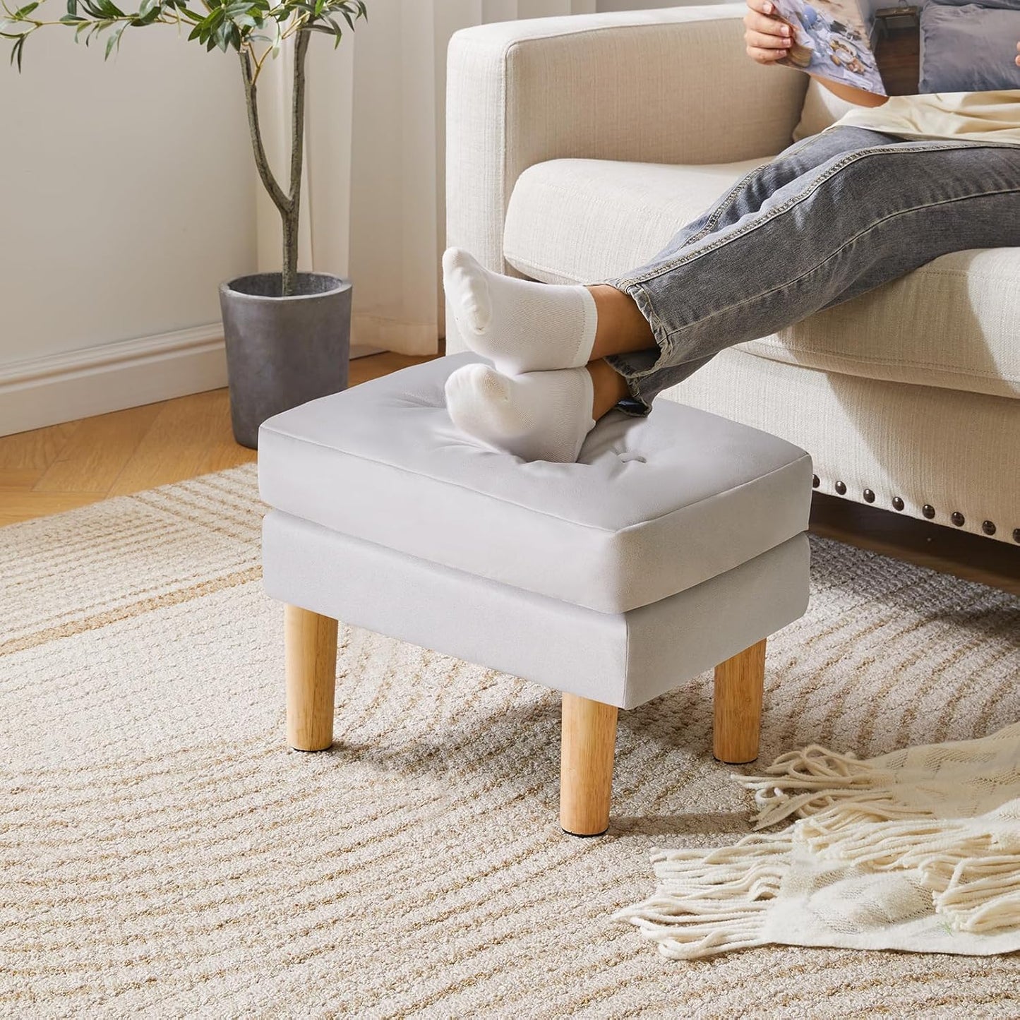 16.34" 12.4" W12.6" UHBD041G YMYNY Small Footstool Ottoman, Faux Leather Footrest with Sponge Padded Seat, Step Stool