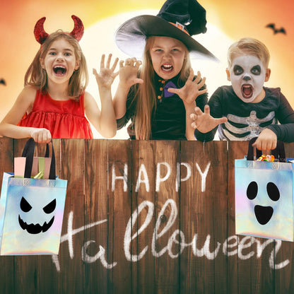 KAWZBYN 30 Pcs Halloween Ghost Gift Bags Iridescent Holographic Candy Goodie Bag Reusable Non woven Gift Bags for Girls Halloween Trick or Treat Party Supplies Favors, 8''x4''x10''