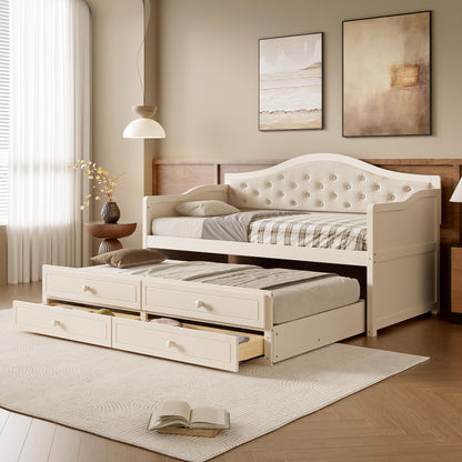 Ball & Cast Twin Size Daybed with Trundle,Wooden Bed w/ 2 Storage Drawers,Sofa Beds w/Upholstered Button Tufted Backrest,Slat Support,for Living Room, Bedroom, Guest Room,Beige