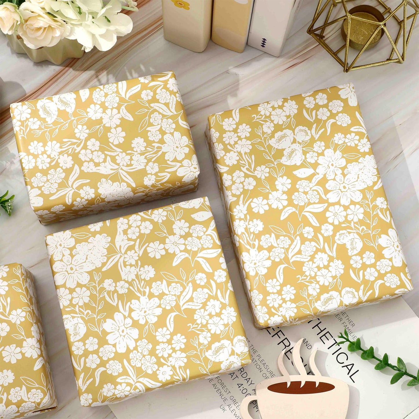 JarThenaAMCS Floral Wrapping Paper - Mini Roll - 17 In x 32.8 Ft Spring Yellow Flower Botanical Gift Wrap Paper for DIY Art Crafts Wedding Birthday Holiday Party Supplies