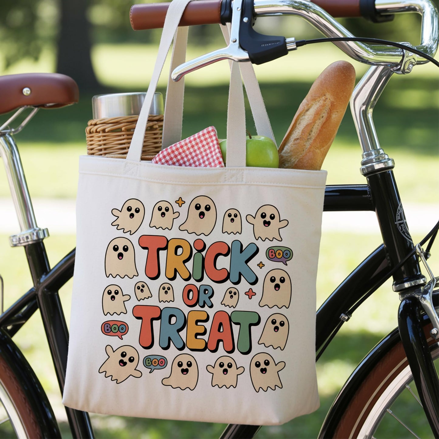LRYBUD Halloween Tote Bag Trick or Treat for Women Canvas Womens Work Tote Bag Gifts