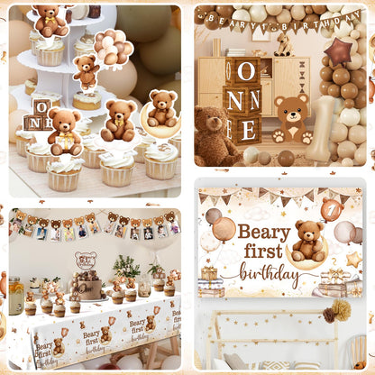 Beary First Birthday Decorations,147pcs Bear Birthday Decorations Brown Bear Birth Day Banner Backdrop High Chair Banner Tablecloth Cake Topper Box Balloon Garland for My 1st birthday Decorations