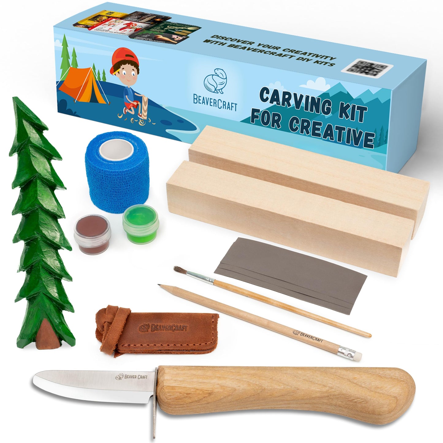 BeaverCraft Wood Carving Kit for Kids & Beginner DIY08 - Wood Whittling Kit for Kids 14+ Woodworking Starter Hobby Kits for Boys Wood Crafts Projects DIY Gifts, Carving Set Whittling Knife & Basswood