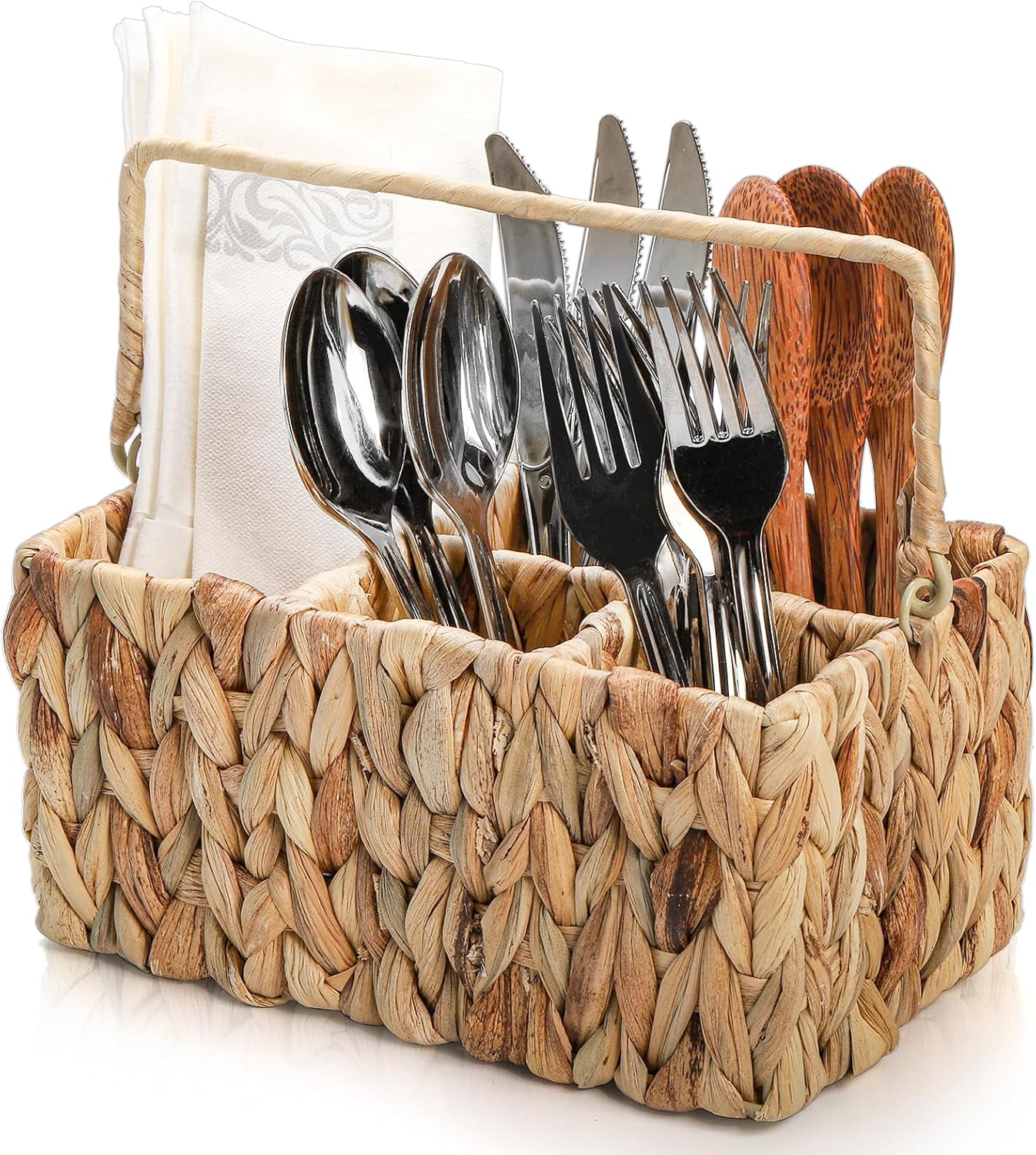 Wicker Flatware Organizer, Woven Utensil Caddy with Handle, Water Hyacinth Cutlery Holder for Picnic Silverware