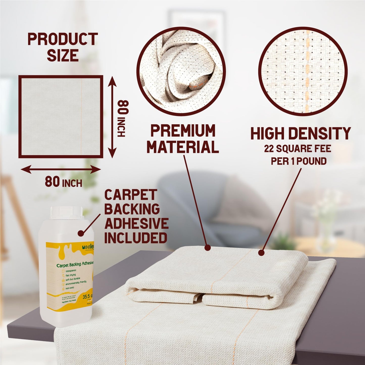 Primary Tufting Cloth 80"x80" - Rug Making Kit with Glue - Punch Needle Embroidery - Monk Cloth Fabric
