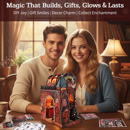 Magic Platform DIY Book Nook Kit Interactive 3D Wood Puzzle LED Magical Miniature with Infinite Mirror Extension Space DIY Bookshelf Insert Decor Gifts Miniature House Magic Express Diorama Scenery