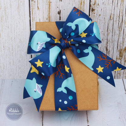 Ribbli Satin Whale & Starfish Craft Ribbon,1-1/2 Inch x 10 Yard,Navy/Blue/Yellow/Red,Use for Hair Bows,Wreath,Birthday,Baby Shower,Diaper Cake,Gift Wrapping,Party Decoration,All Crafting and Sewing