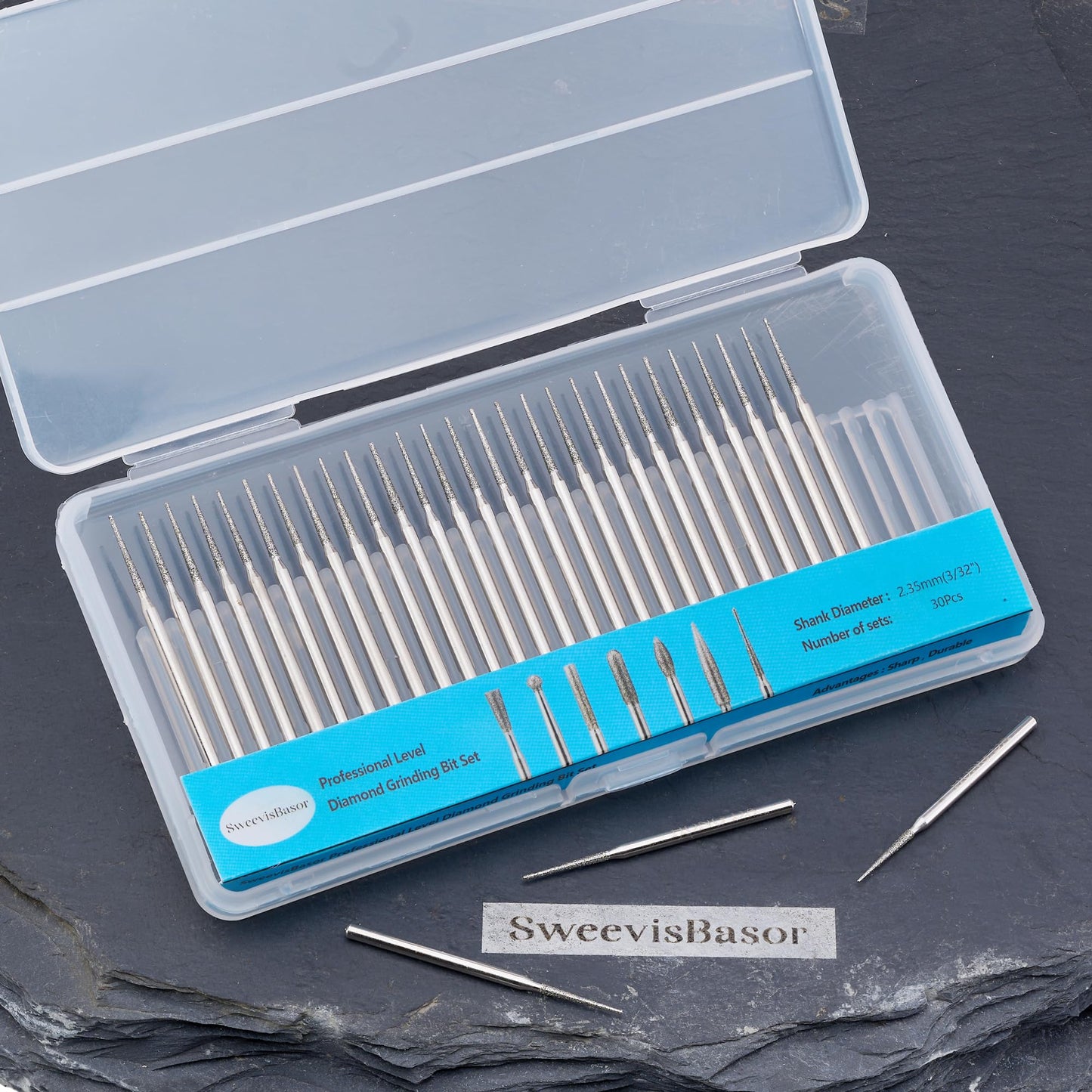 Diamond Tipped Rotary Tool Burr Bits, Tapered Grinder Burr 3/32inch Shank, Grinding Engraving for Stone Carving Tools Pack of 30Pcs
