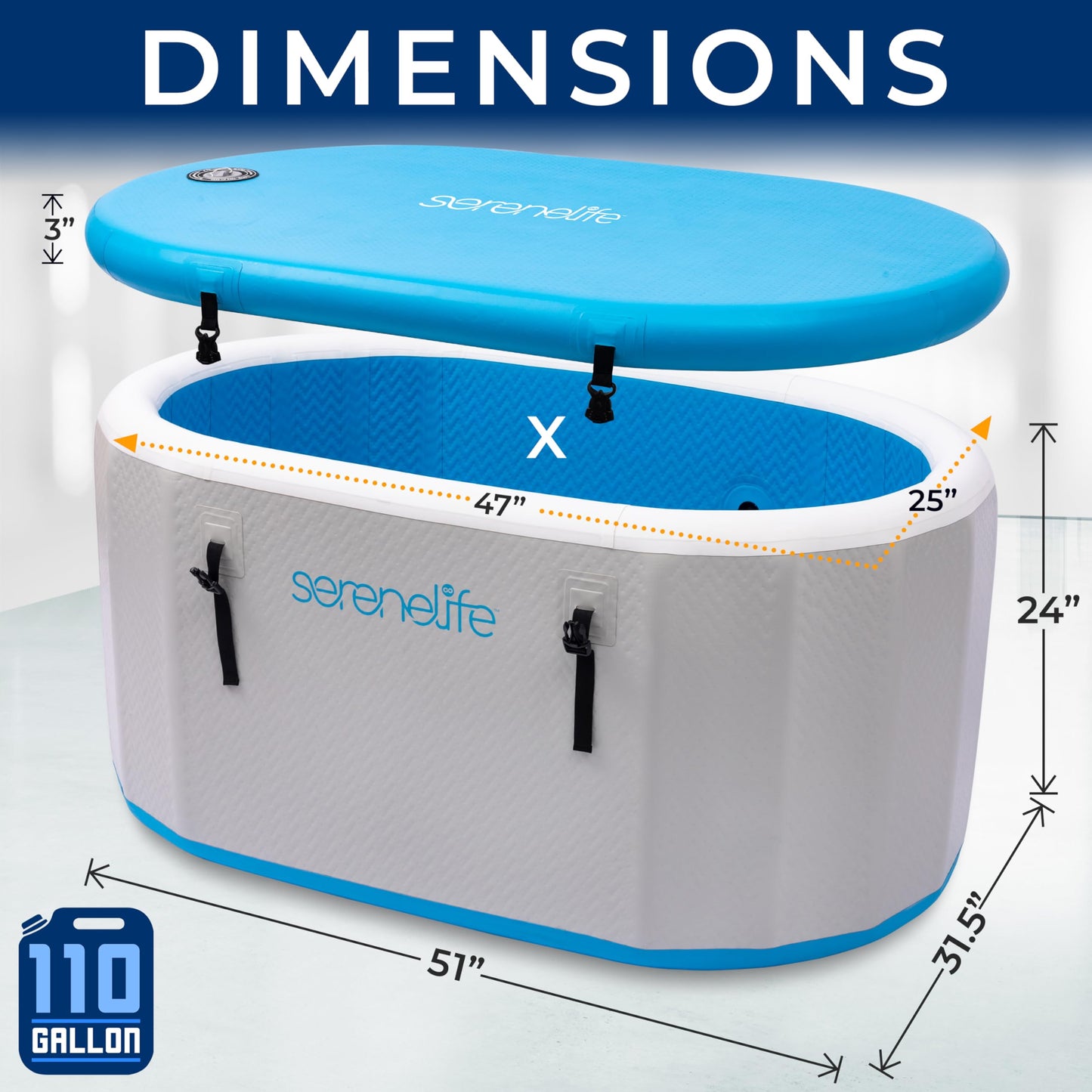 SereneLife Inflatable Insulated Cold Plunge Tub - One Person Ice Bath Tub with Lid, Cold Plunge Therapy Recovery Pod for Athletes with 105 Gallons Capacity, 53.15 x 31.50”