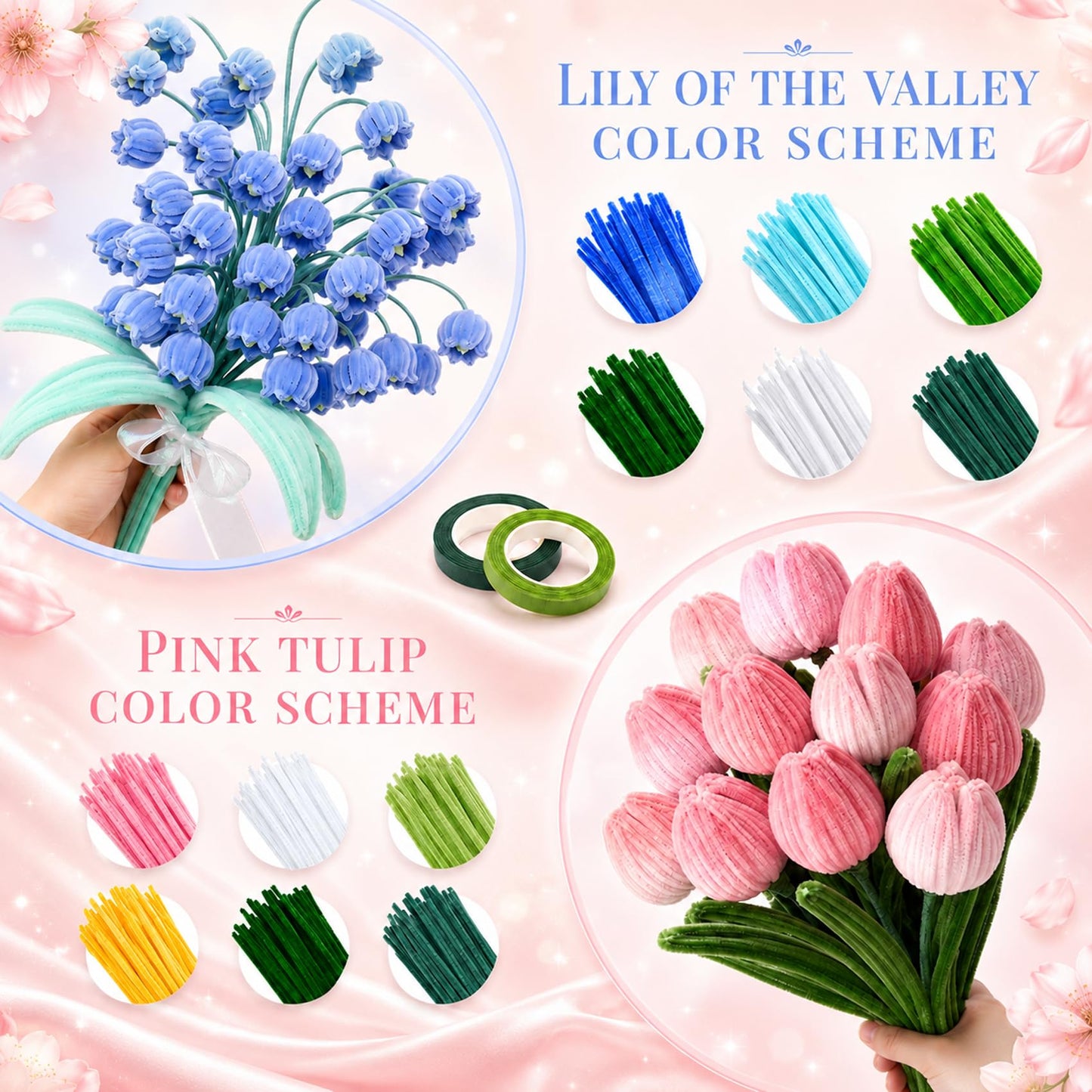 Vorplick Pipe Cleaner Flower Kit, 950 Pcs Pipe Cleaners Craft, Chenille Stems for DIY Flower Making Kit with Instructions, Floral Wires, Stamen& Ribbon for Adults and Kids