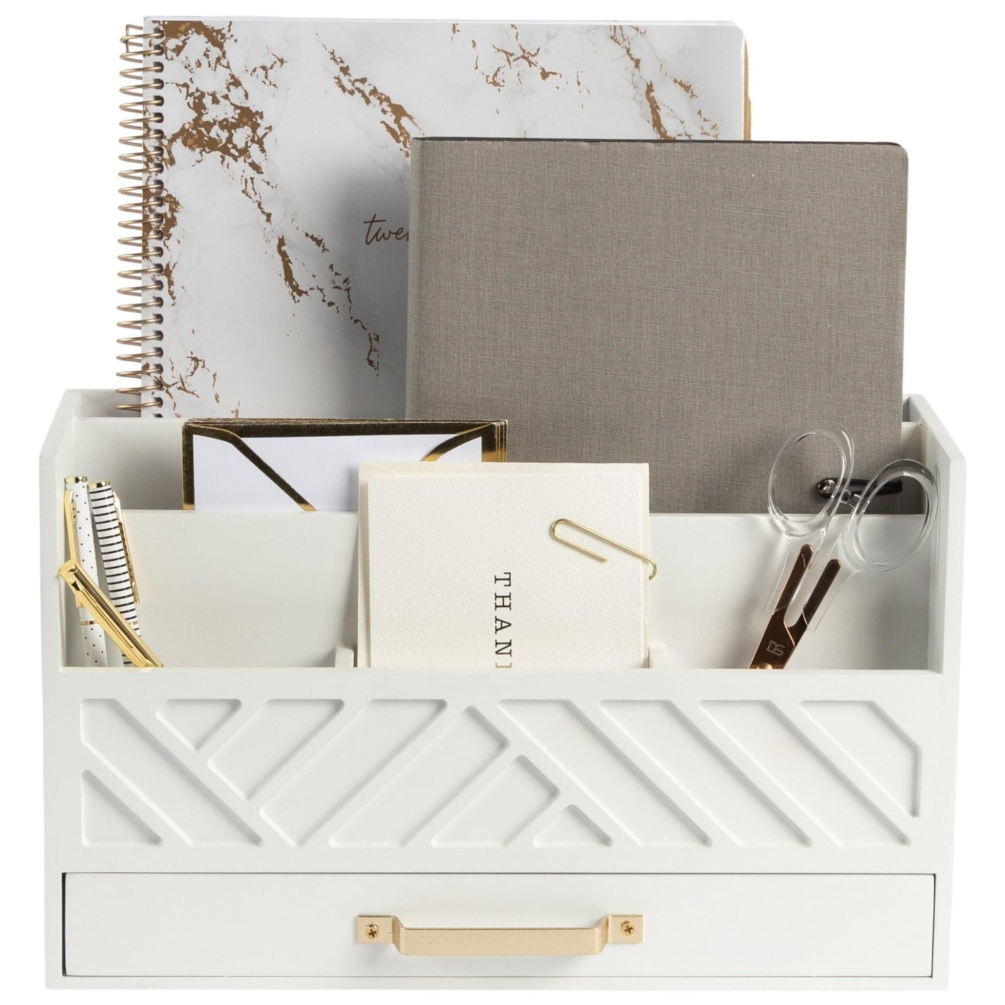 BLU MONACO | White Wooden Desk Organizer & Mail Organizer with Drawer & Gold Handle | Mail Sorter Countertop | 6 Compartments | White Desktop Organizer for Desk