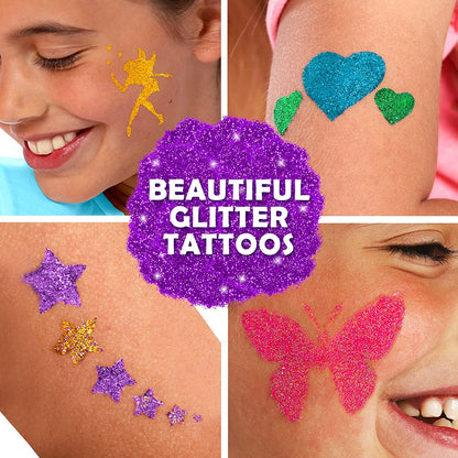 Original Stationery Glitter Tattoo Kit - 33-Piece Multicolor Set, Ages 3-8, 24 Stencils, 6 Color Pots, 2 Brushes & Adhesive - Glitter Tattoos for Kids & Sleepover Party Supplies, Birthday Gift