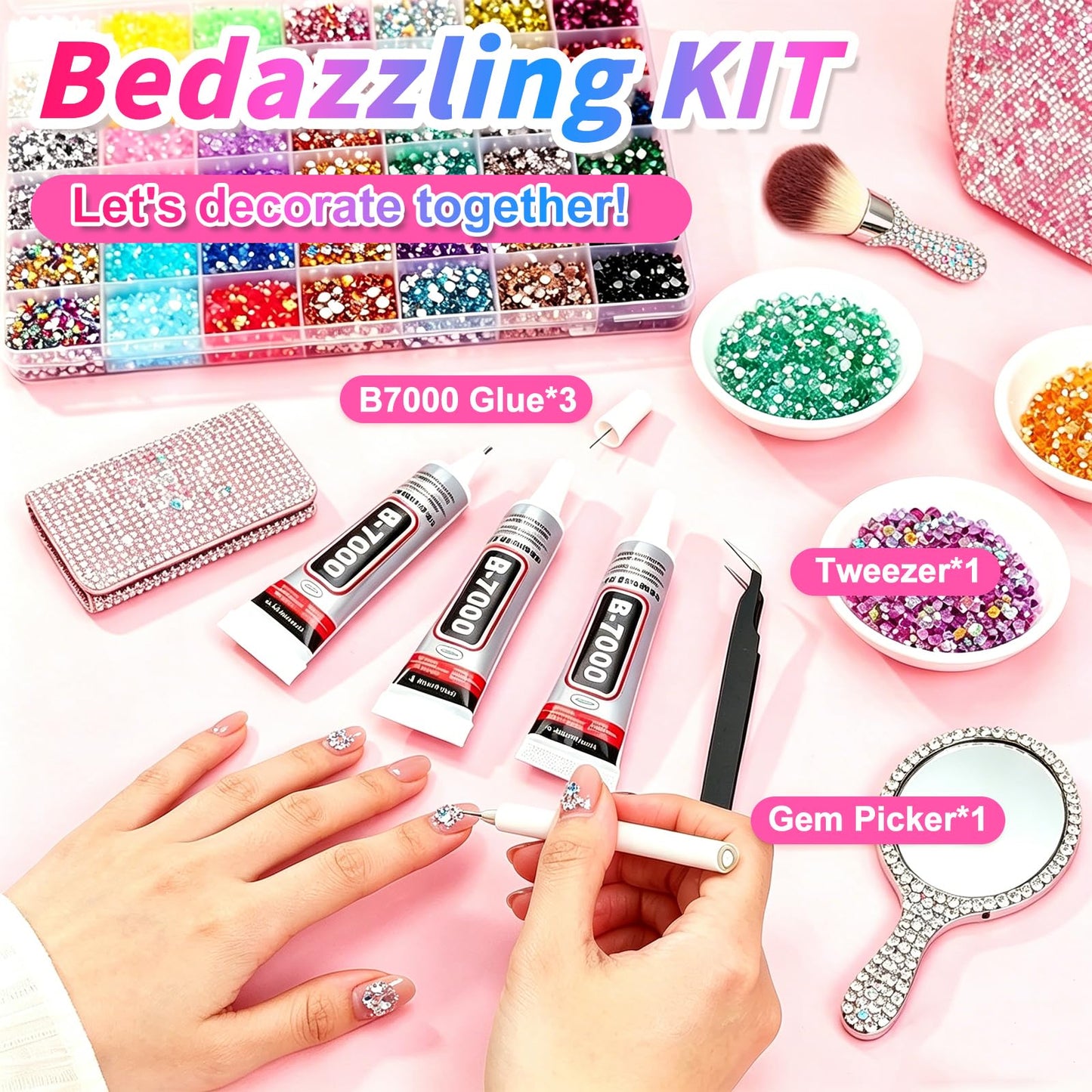 Bedazzler Kit with Rhinestones - 46000Pcs Resin Jelly Rhinestones 3mm Flatback Gems with 3Pcs B7000 Jewelry Glue, Tweezers & Pickup Pen for Nail Art, Diamond Art, DIY Crafts, Clothes, Shoes & Makeup