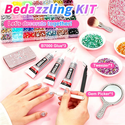 Bedazzler Kit with Rhinestones - 46000Pcs Resin Jelly Rhinestones 3mm Flatback Gems with 3Pcs B7000 Jewelry Glue, Tweezers & Pickup Pen for Nail Art, Diamond Art, DIY Crafts, Clothes, Shoes & Makeup