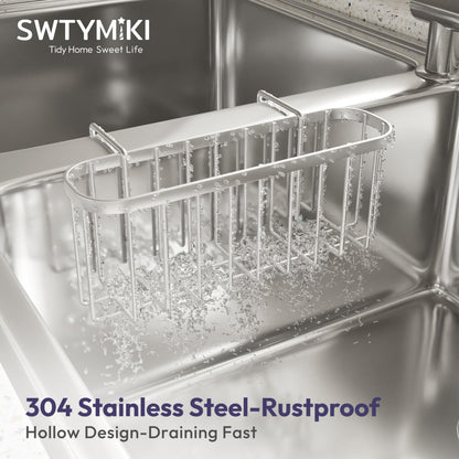 SWTYMIKI Sponge Holder for Kitchen Sink, Movable Kitchen Sink Caddy with Compact Size Rustproof and Waterproof Hanging Sponge Caddy for Double Bowl Sinks, Silver