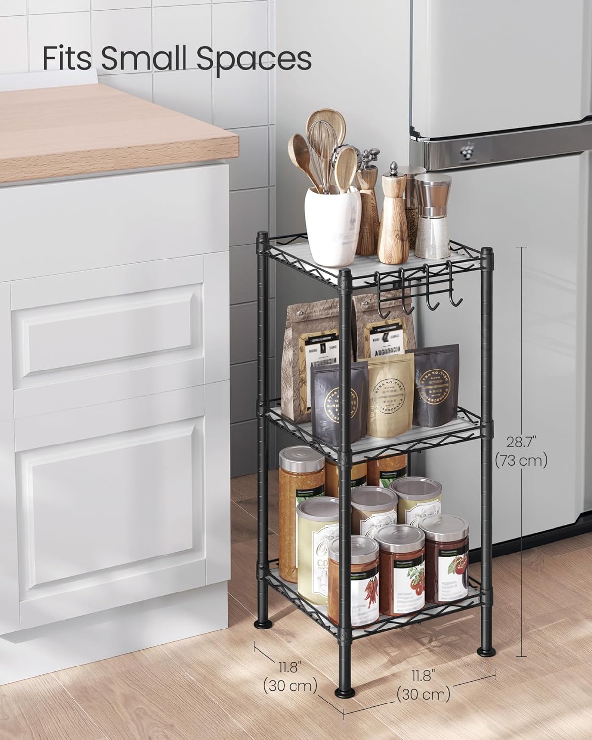3-Tier 3 ULGR103B01 SONGMICS Bathroom Shelf, Storage Rack for Small Space, with PP Shelf Liners, Removable Hook