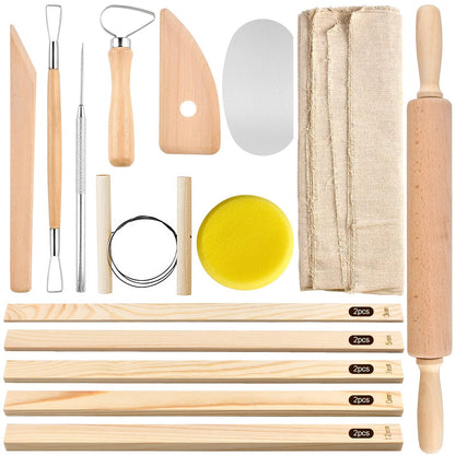 Akamino 20 Pcs Pottery Tools Include 1 Wood Rolling Pin,1 Portable Pottery Linen Tablecloth, 10 Pcs 5 Size Teaching Rolling Mud Stick Guide, 8 Clay Sculpting Tools for Manual Self Ceramic Clay Making