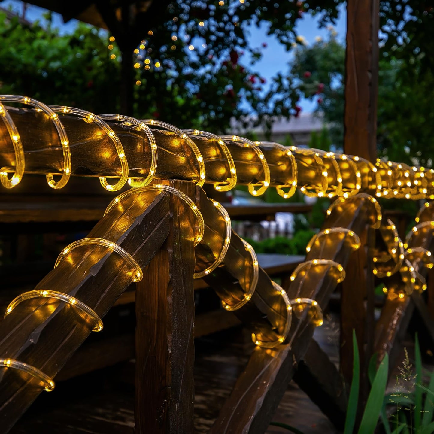 Solar Rope Lights, 66ft 200LED Solar String Lights, 8 Modes Waterproof Solar Powered Outdoor Light, Flexible Clear Tube Light for Garden, Backyard, Patio, Deck, Porch, Pool, Tree Decor - Warm White