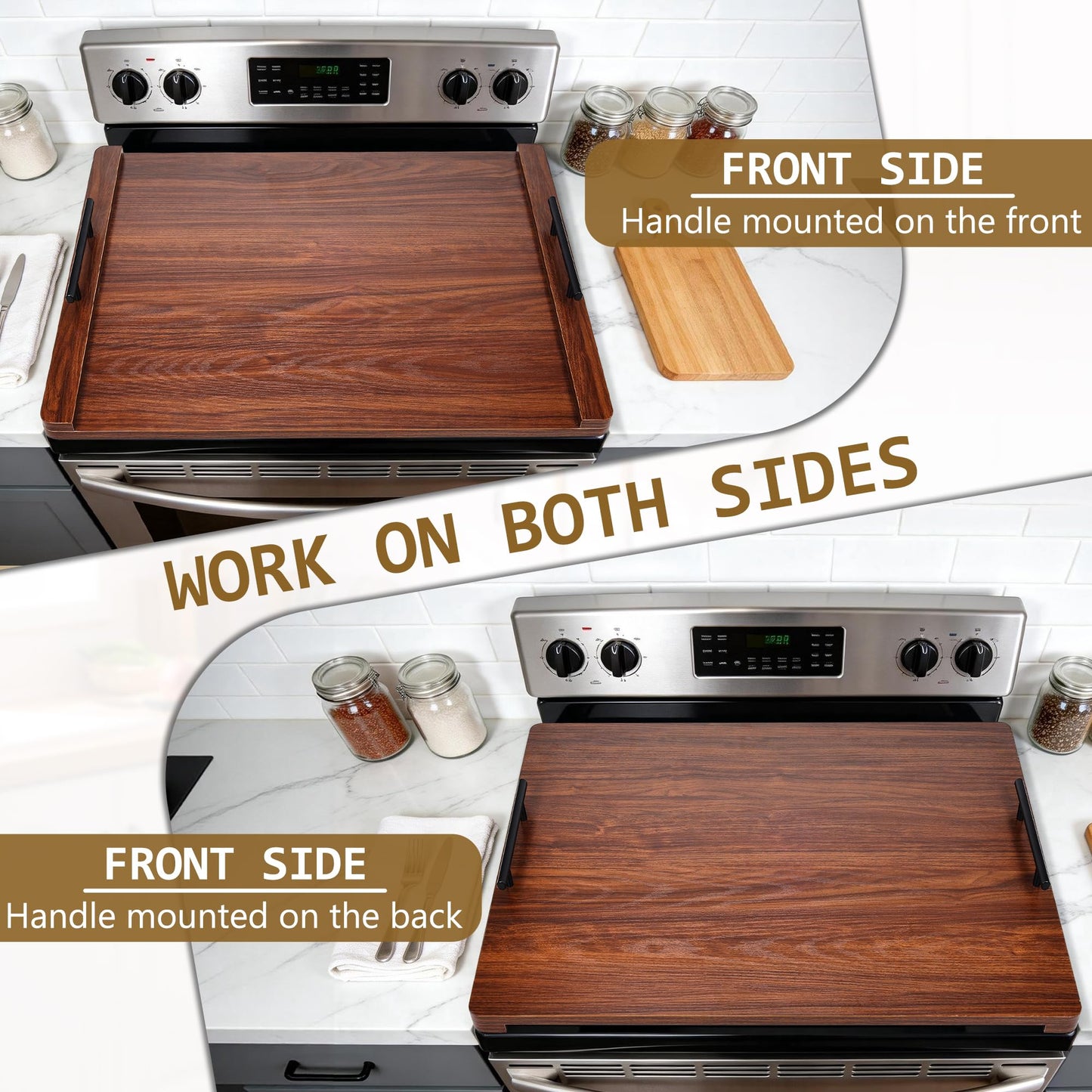 FUSOUBOTY Noodle Board Stove Cover with Handles, Wood Stove Top Covers for Electric Stove and Gas Burners, Wooden Decorative Serving Tray Kitchen Sink Cover for Counter Space (Walnut)
