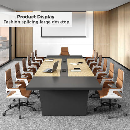 Nuipesn 95" Rectangular Conference Table, Seats 8-10, Built-in Power Outlets & USB Charging Ports, Cable Management, 2-Inch Thick Top, Oak/Grey