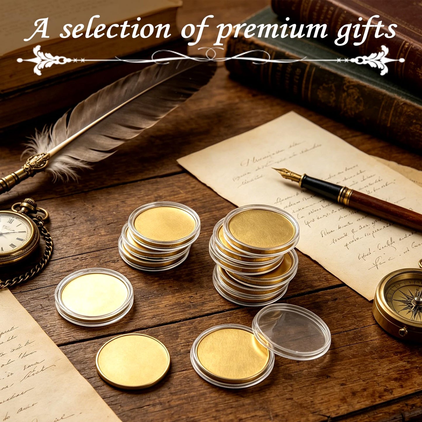 ZYNERY 12 Pcs Blank Brass Challenge Coins for Laser Engraving, 40mm x 2.2mm Solid Coin Blanks with Acrylic Protection Box for DIY Crafts, Metal Stamping & Commemorative Gifts