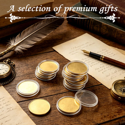 ZYNERY 12 Pcs Blank Brass Challenge Coins for Laser Engraving, 40mm x 2.2mm Solid Coin Blanks with Acrylic Protection Box for DIY Crafts, Metal Stamping & Commemorative Gifts