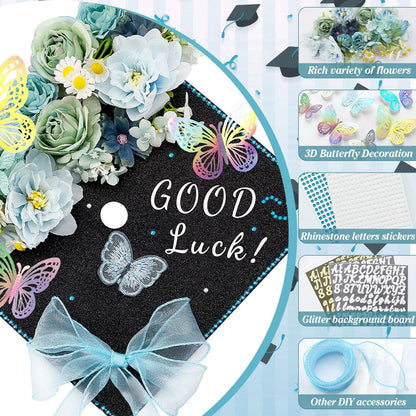 HCKLM Graduation Cap Decorations Kit - Assorted Flowers 3D Butterfly Stickers Glitter Rhinestones Alphabet Letter Number Stickers for DIY Grad Cap Topper 2026 Graduation Party Supplies (Blue)