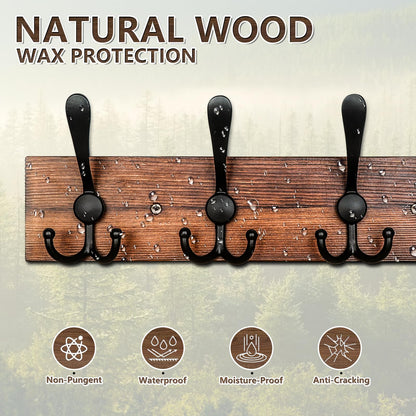 IBosins Wall Mounted Coat Rack, 31-2/5'' Long, Entryway Hanging Rack, Metal Wood Coat Hooks Rack with 8 Black Rustic Tri-Hooks Rail for Coat, Bag, Towel, Key, Hat, Umbrella