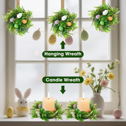 Easter Wreath 4Pcs, 11.8 Inch Easter Wreath with Ribbon, Artificial Egg Lily Green Plants Wreath, Hanging/Tabletop/Candle Ring Decor for Home Front Door, Porch, Wall, Window, Cabinets