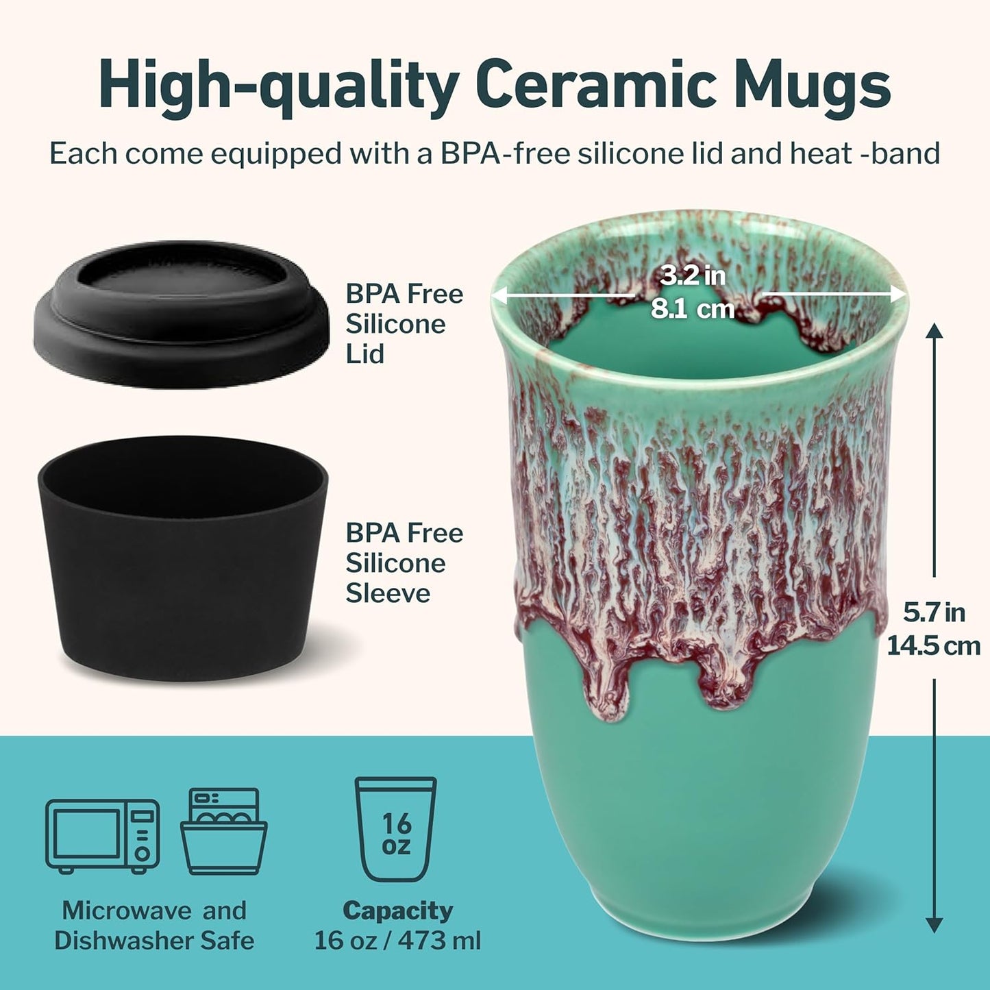 16oz NOVA CERAMICS Travel Mug On the Go Coffee Tumbler Microwave & Dishwasher Safe Green Tumbler - Gifts For Women Men