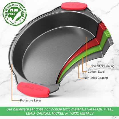 NutriChef Non Stick Round Cake Pan, 9.68 Inch Metal Bakeware with Silicone Handles, Easy-to-Clean, Dishwasher Safe