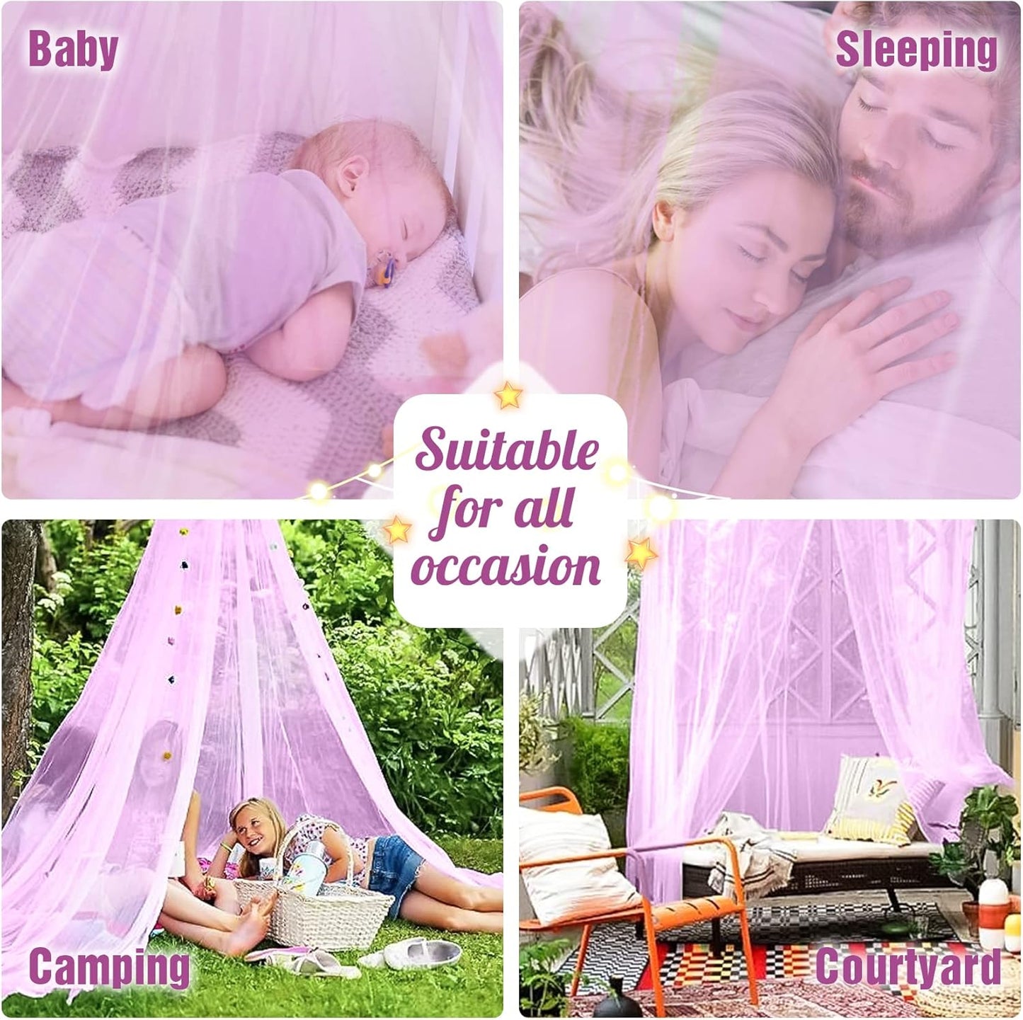 Jeteventy Bed Canopy for Girls, Princess Bed Curtain Net for Single to King Size, Quick Easy Installation (Purple)