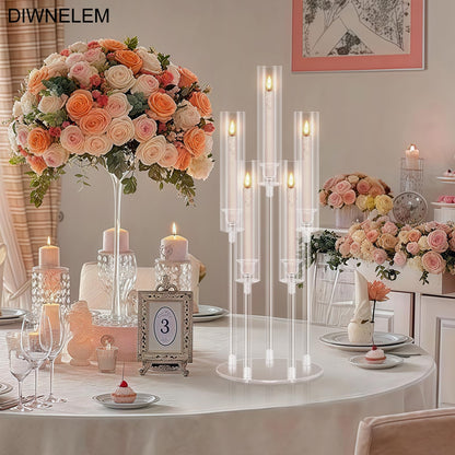 DIWNELEM 4Pcs Acrylic Candelabra Centerpieces for Wedding 5 Arm Clear Candle Candlesticks Holders 25.5" Tall Crystal Taper Candlestick with Shade Fit 0.87'' Led Candle for Christmas Party Home Decor