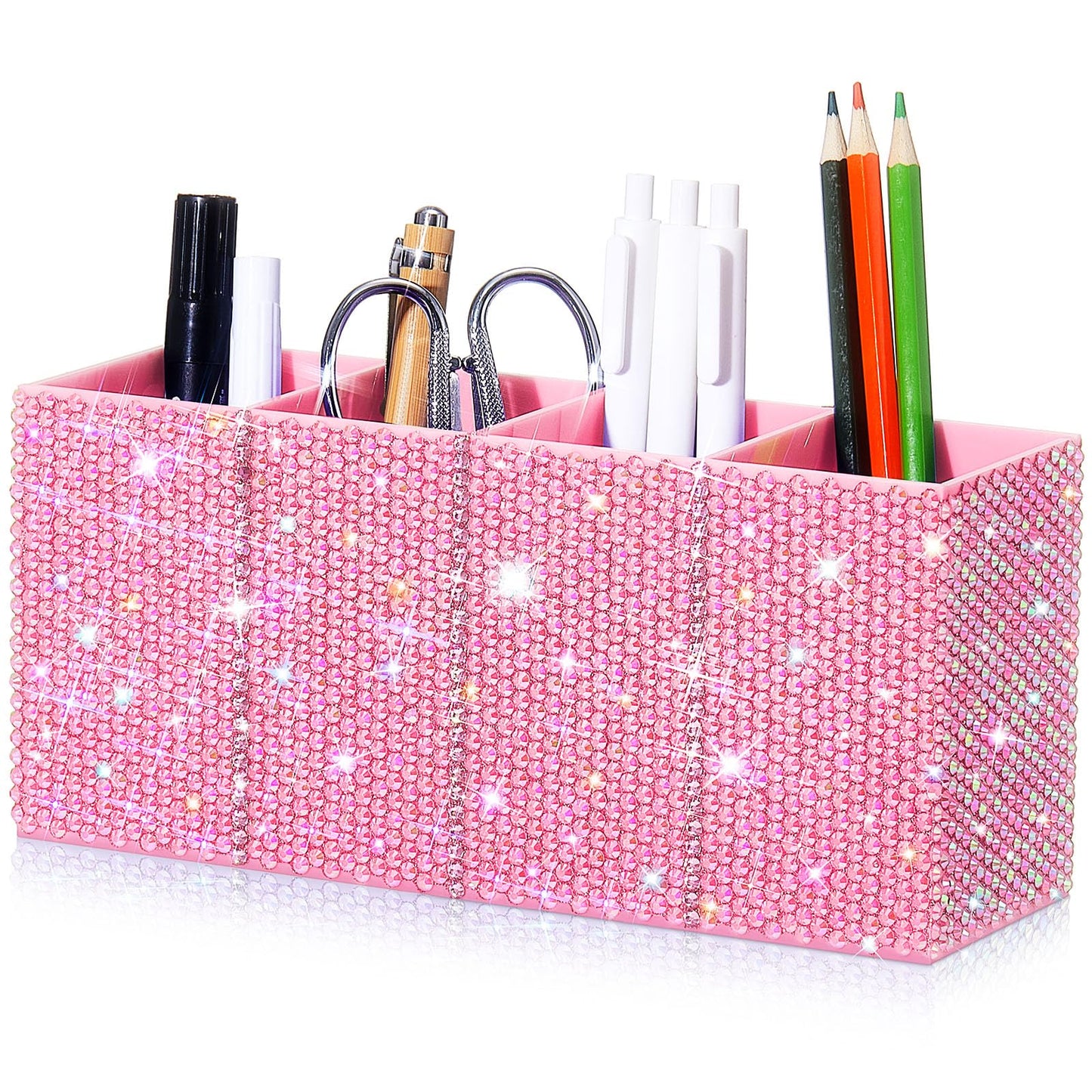 Resholder Bling Desk Organizer for Women, Rhinestone Pen Makeup Brush Holder, Girly Desk Accessories Organizer for Office Classroom Elevate Your Workspace with Serenity(Rhinestone,Pink)
