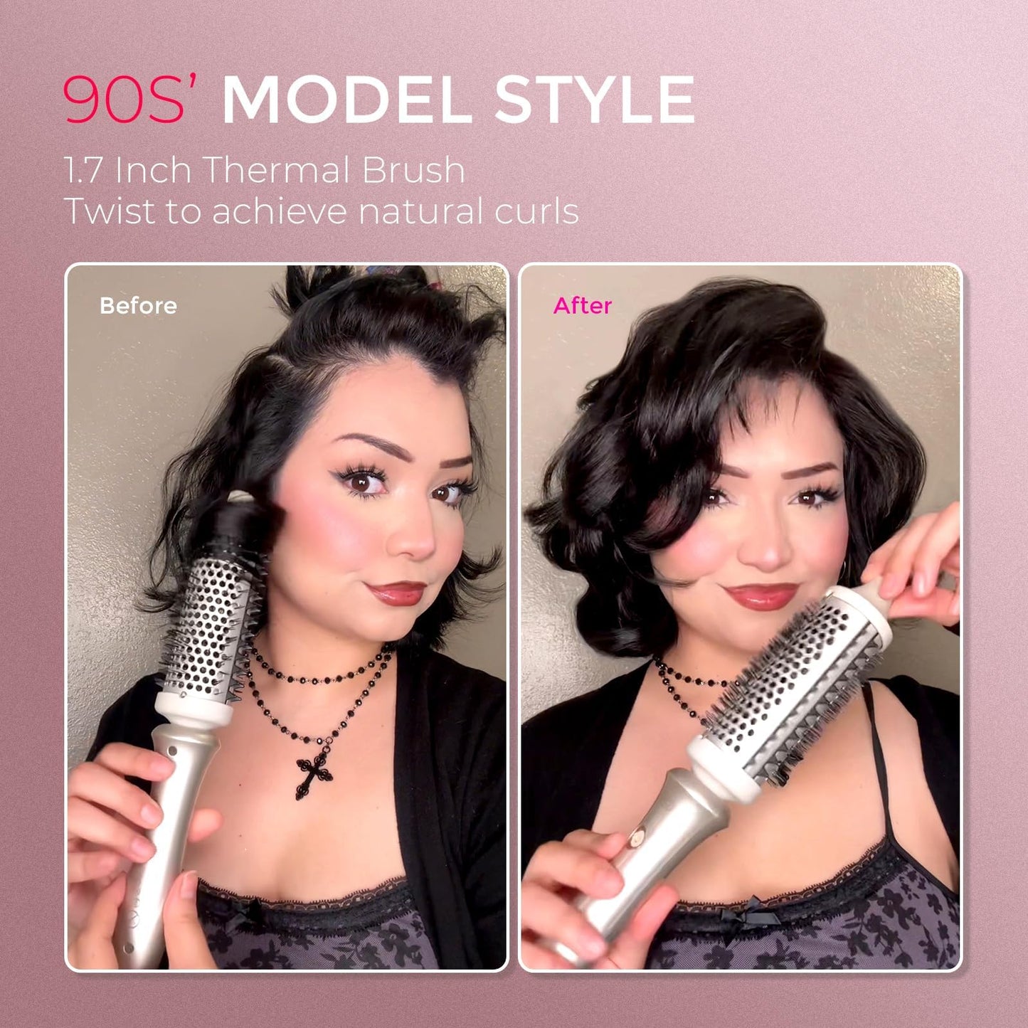 TYMO 2.0 Thermal Brush Curling Brush - STYLUX 1.7" Blowout Volumizer with Flexi-Fit for Hair Straightening, Heated Round Styler Tool, Hair Straightener and Curler 2 in 1, Dual Voltage & Light, Pink