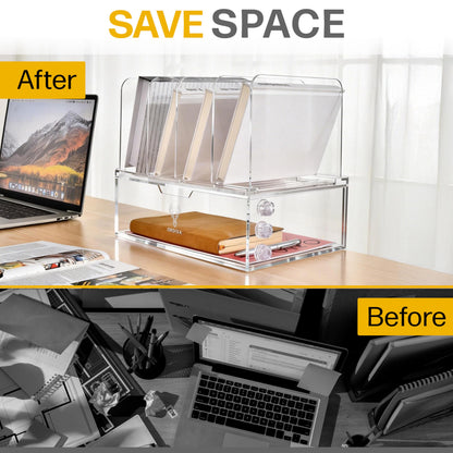 Acrylic Desk Organizer with Drawer and Cable Holders, Clear Acrylic Desktop Organizer with 4 Vertical Compartments, Sturdy Office & Home Desk Storage – ORDIXA